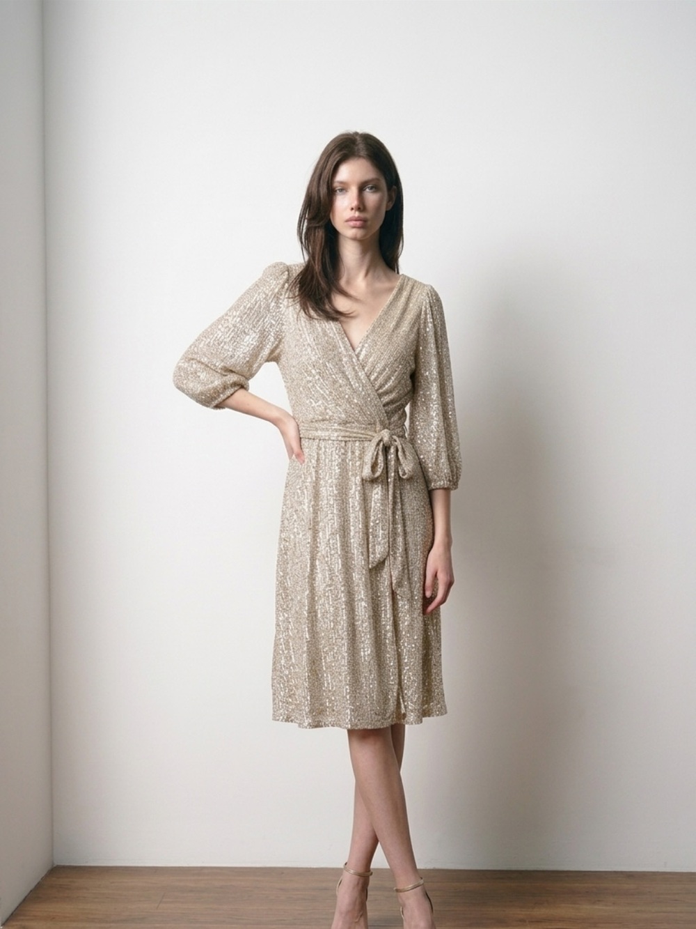 DKNY Sequin Wrap Midi Dress - Champagne Gold